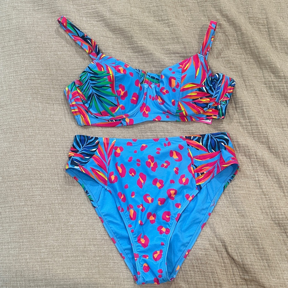 Bright Blue Tropical-Print High-Waist Bikini